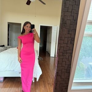 ASOS DESIGN scuba twist shoulder midi dress in bright pink